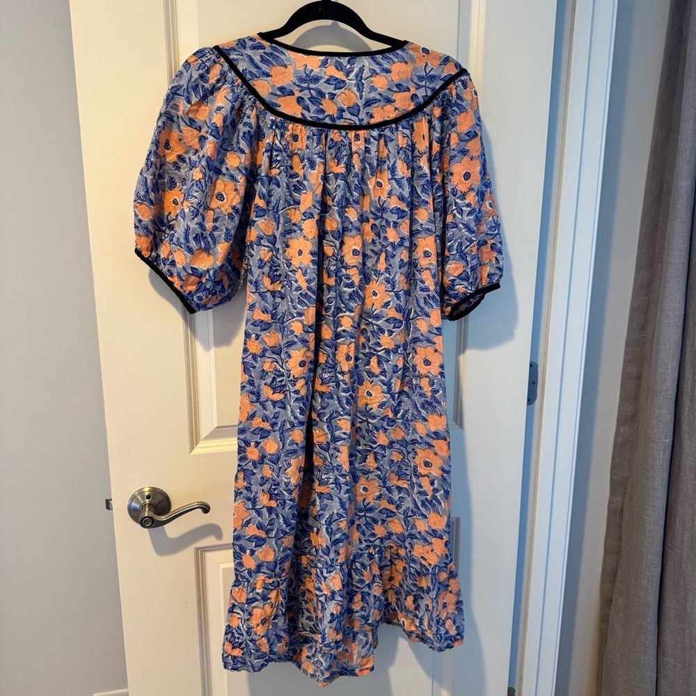 Batsheva Floral Peach & Blue Tent Snap House Dress - Picture 5 of 5